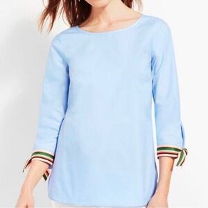 Talbots Grosgrain Ribbon Tie Sleeve Blue Cotton Top